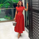 Chic Midi Dress for Women - High Waisted A-Line Skirt with Cinched Waist for Casual Gatherings and Parties