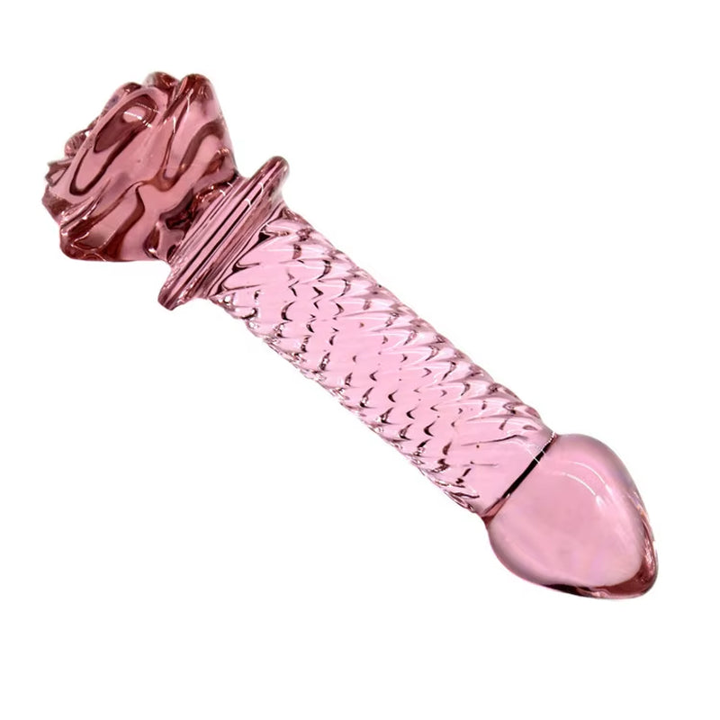 Crystal Pink Flower Beads Anal Wand Glass Rose Butt Plug Dildo Anal Sex Toys Glass Rose Bud Anal Plug for Women