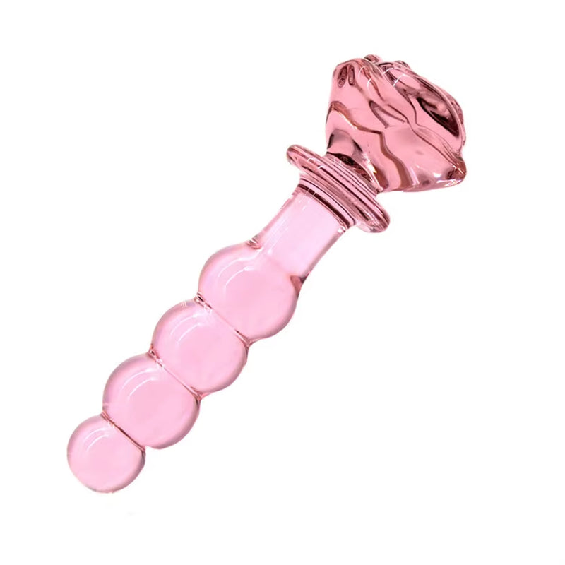 Crystal Pink Flower Beads Anal Wand Glass Rose Butt Plug Dildo Anal Sex Toys Glass Rose Bud Anal Plug for Women