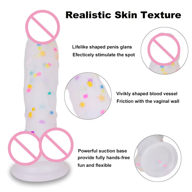 Realistic 7 Inch Clear Dildo with Suction Cup and Balls Masturbation Sex Toy Jelly Rainbow Transparent Dildo for Women