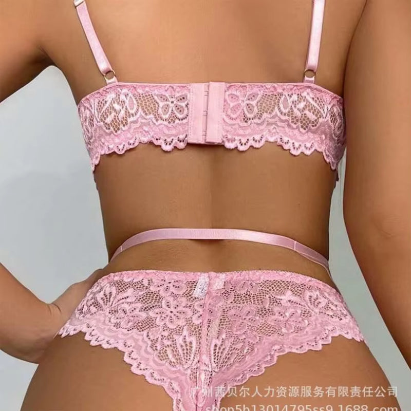 Lace Stockings Nude Mature Ladies Underwear Set 3Pcs Bra and Panty with Erotic Lingerie New Design Woman Sexy Thin Knitted