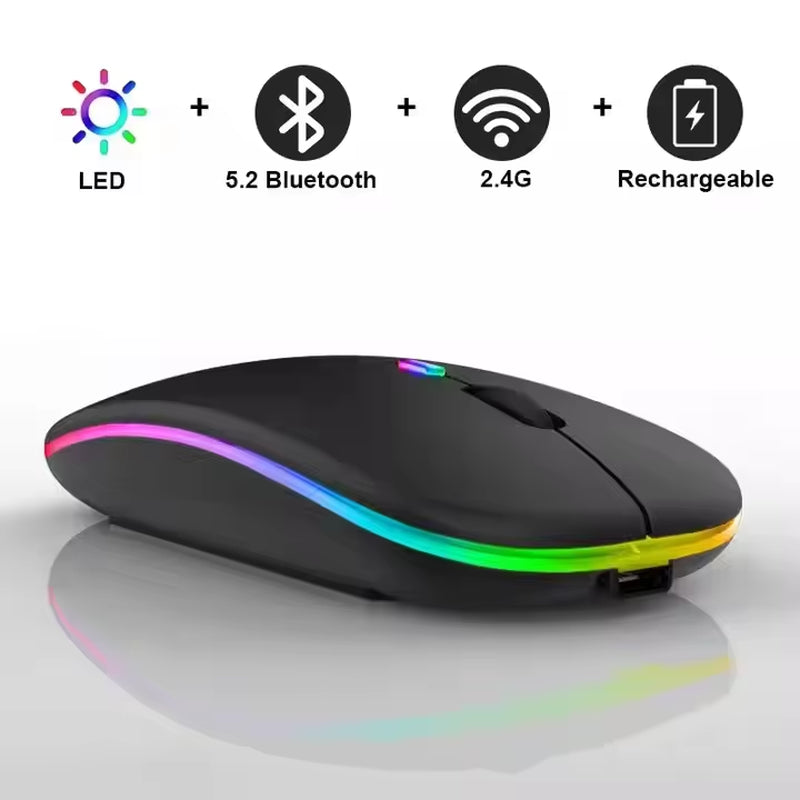 High DPI Bluetooth Silent Wireless Mouse - Lightweight Dual Mode Slim Rechargeable Cordless Mouse with LED Light