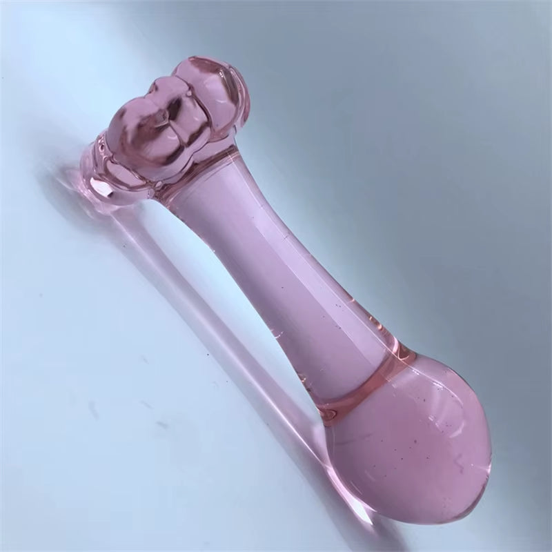 Rose Flower Bottom Pink Glass Anal Bead Plug SM Anal Massage Stick Handmade Glass Sex Toy Glass Butt Plug for Women Masturbation