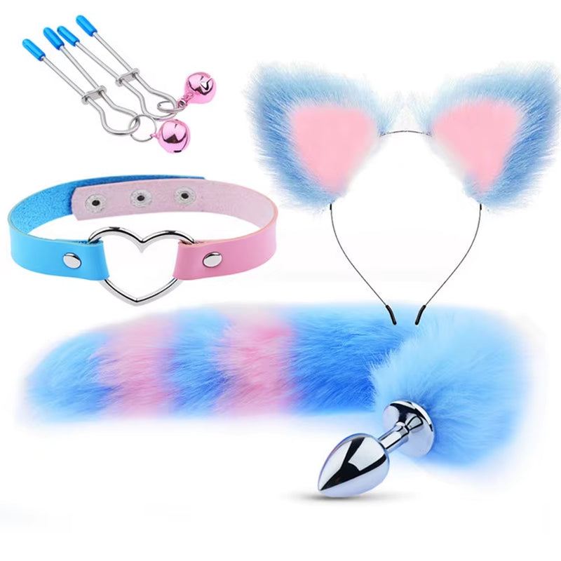 Nipple Clamp Ear Set Cosplay Kit Purple Red Furry Sexy Bdsm Sets with Anal Fox Tail Butt Plug for Women