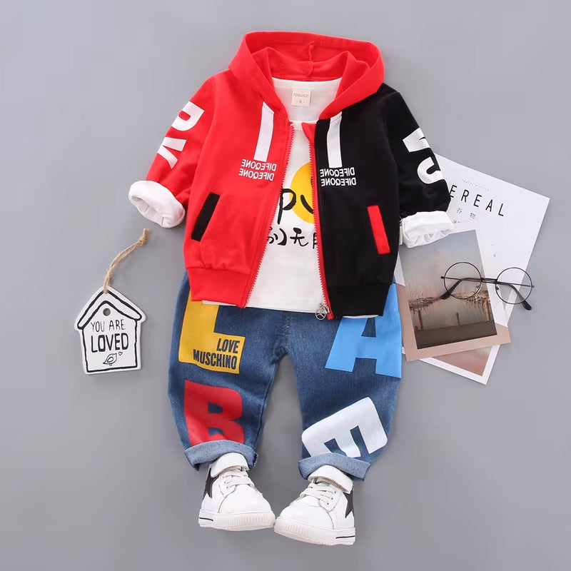 Boys' Color Block Letter Three-Piece Spring and Autumn Outfit - Casual Western Style Children's Clothing