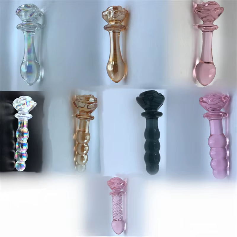 Crystal Pink Flower Beads Anal Wand Glass Rose Butt Plug Dildo Anal Sex Toys Glass Rose Bud Anal Plug for Women