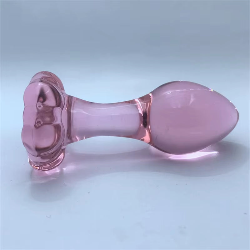 Rose Flower Bottom Pink Glass Anal Bead Plug SM Anal Massage Stick Handmade Glass Sex Toy Glass Butt Plug for Women Masturbation