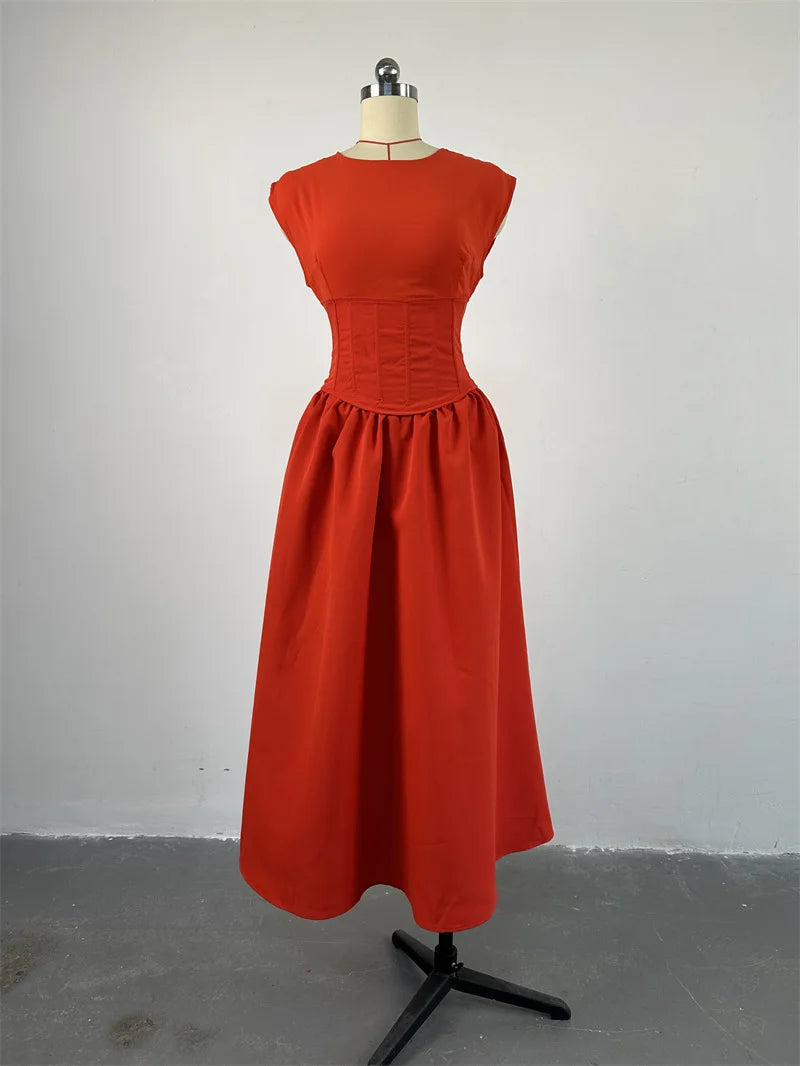 Chic Midi Dress for Women - High Waisted A-Line Skirt with Cinched Waist for Casual Gatherings and Parties