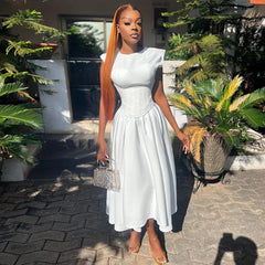 Chic Midi Dress for Women - High Waisted A-Line Skirt with Cinched Waist for Casual Gatherings and Parties