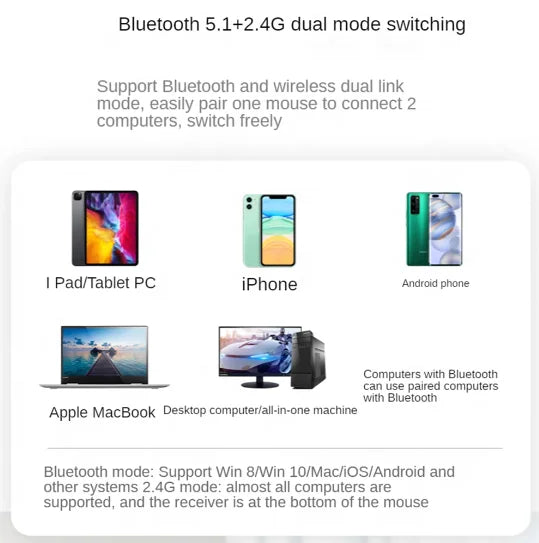 Wireless Bluetooth 2-in-1 Dual Mode Ergonomic Optical Mouse - Portable Rechargeable with USB Interface and Programmable Features for Laptops