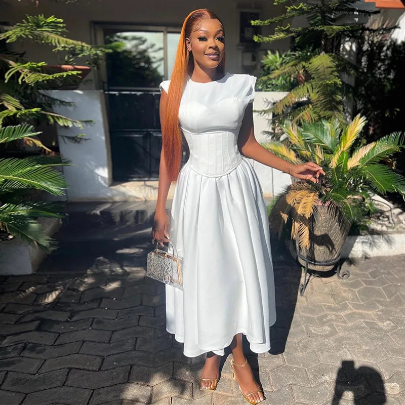 Chic Midi Dress for Women - High Waisted A-Line Skirt with Cinched Waist for Casual Gatherings and Parties