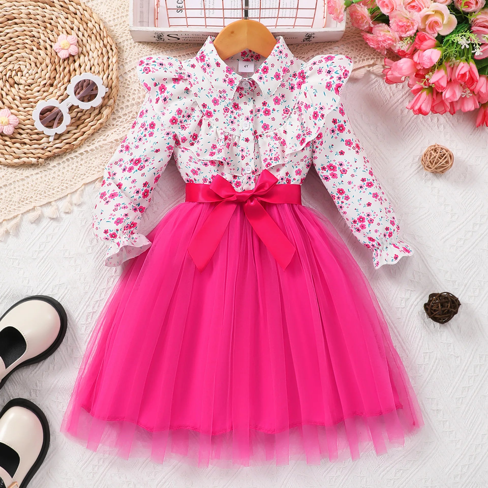 Girls' Floral Printed Long Sleeve Ball Gown Summer Dress with Woven Waistband - Cotton Boutique Style for Children