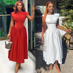 Chic Midi Dress for Women - High Waisted A-Line Skirt with Cinched Waist for Casual Gatherings and Parties