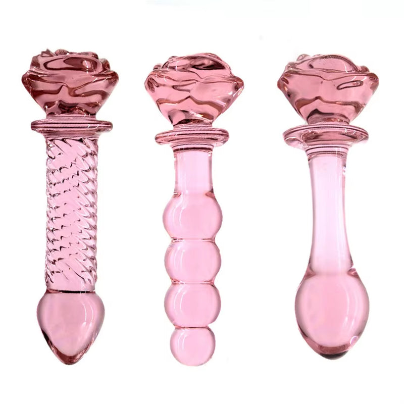 Pink Flower Beaded Glass Crystal Butt Vaginal Dildo Adult Sex Toys Rose Plug Anal for Women