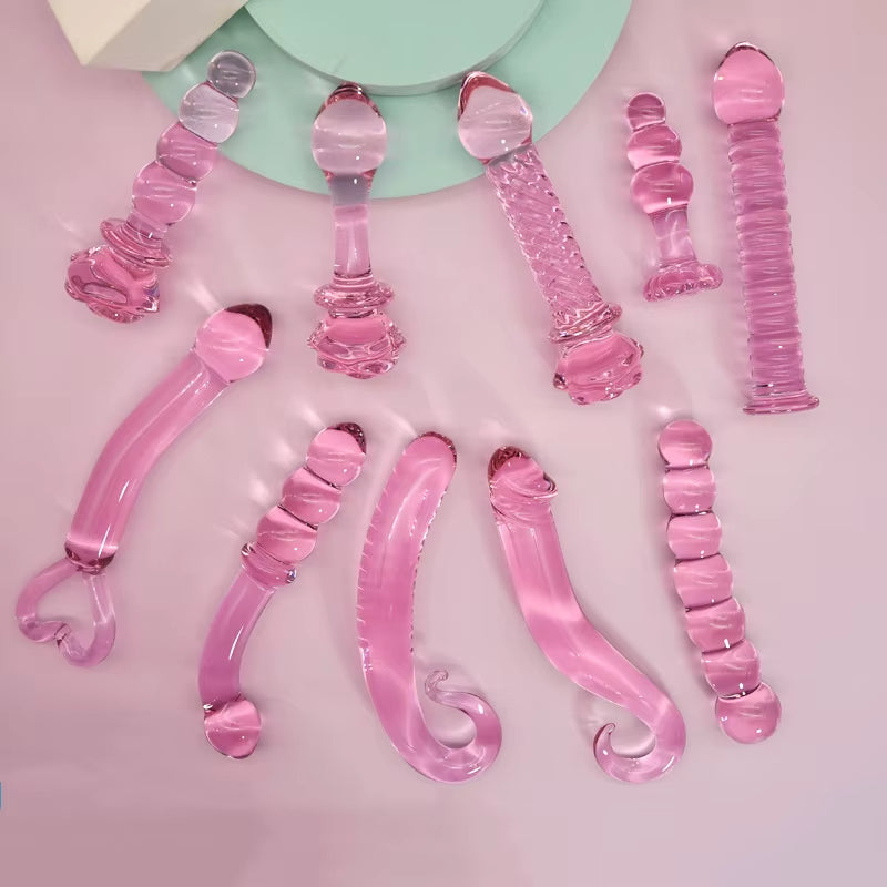 Rose Flower Bottom Pink Glass Anal Bead Plug SM Anal Massage Stick Handmade Glass Sex Toy Glass Butt Plug for Women Masturbation