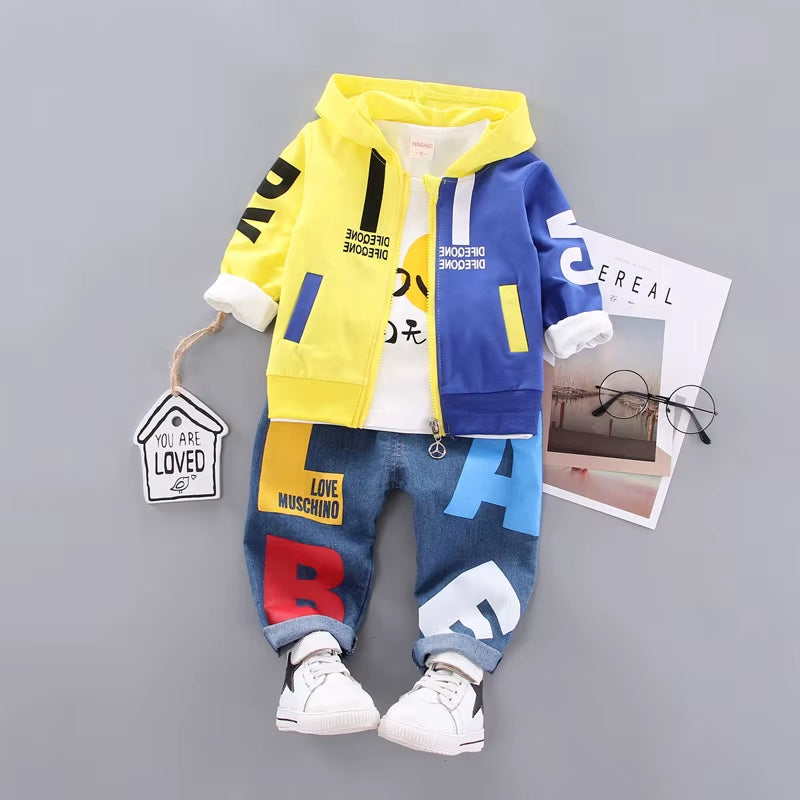 Boys' Color Block Letter Three-Piece Spring and Autumn Outfit - Casual Western Style Children's Clothing