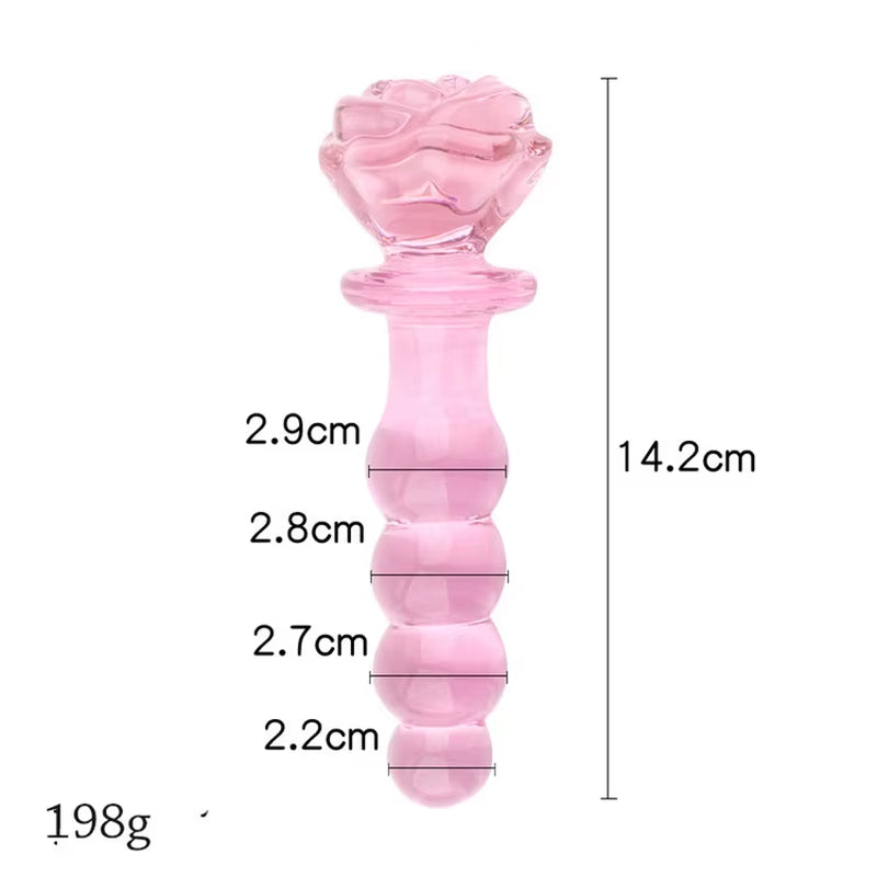 Crystal Pink Flower Beads Anal Wand Glass Rose Butt Plug Dildo Anal Sex Toys Glass Rose Bud Anal Plug for Women