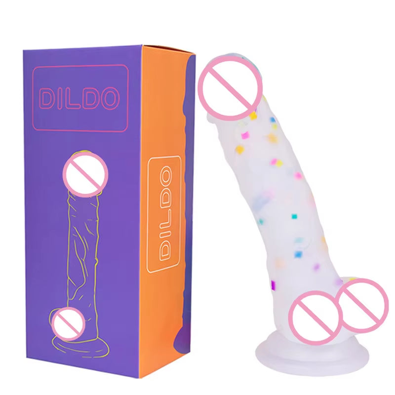 Realistic 7 Inch Clear Dildo with Suction Cup and Balls Masturbation Sex Toy Jelly Rainbow Transparent Dildo for Women