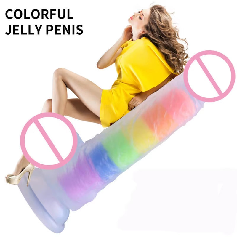 Soft Mushroom Head Artificial Penis Jelly Dildo Gel Dual Layer Liquid Silicone Colourful Suction Cup Realistic Rainbow Dildo