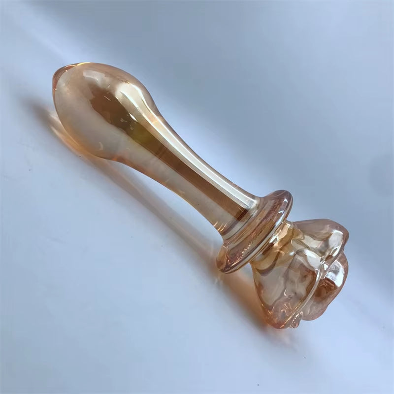 Crystal Pink Flower Beads Anal Wand Glass Rose Butt Plug Dildo Anal Sex Toys Glass Rose Bud Anal Plug for Women