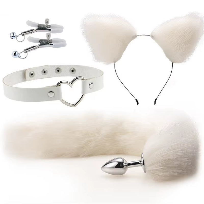 Nipple Clamp Ear Set Cosplay Kit Purple Red Furry Sexy Bdsm Sets with Anal Fox Tail Butt Plug for Women