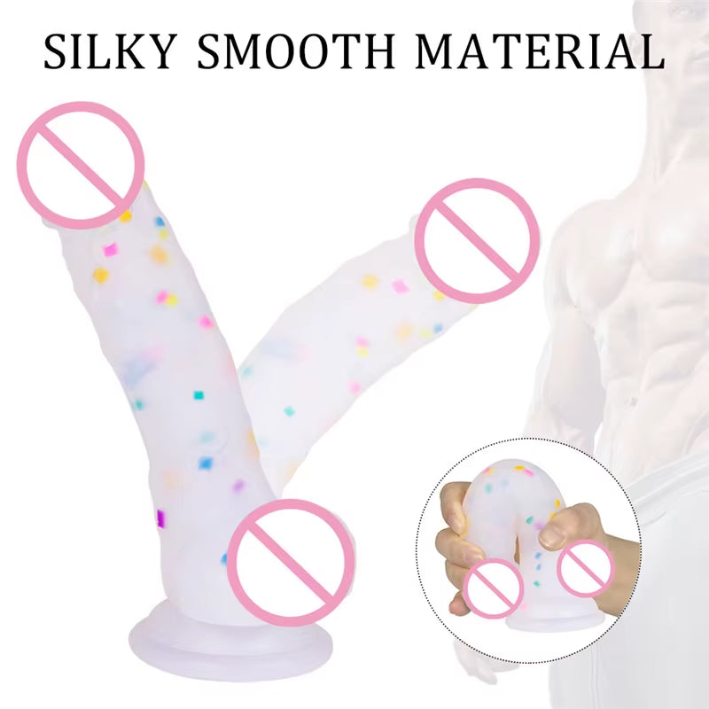 Realistic 7 Inch Clear Dildo with Suction Cup and Balls Masturbation Sex Toy Jelly Rainbow Transparent Dildo for Women
