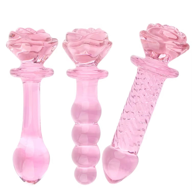 Crystal Pink Flower Beads Anal Wand Glass Rose Butt Plug Dildo Anal Sex Toys Glass Rose Bud Anal Plug for Women