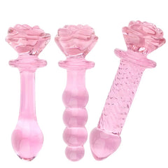 Crystal Pink Flower Beads Anal Wand Glass Rose Butt Plug Dildo Anal Sex Toys Glass Rose Bud Anal Plug for Women