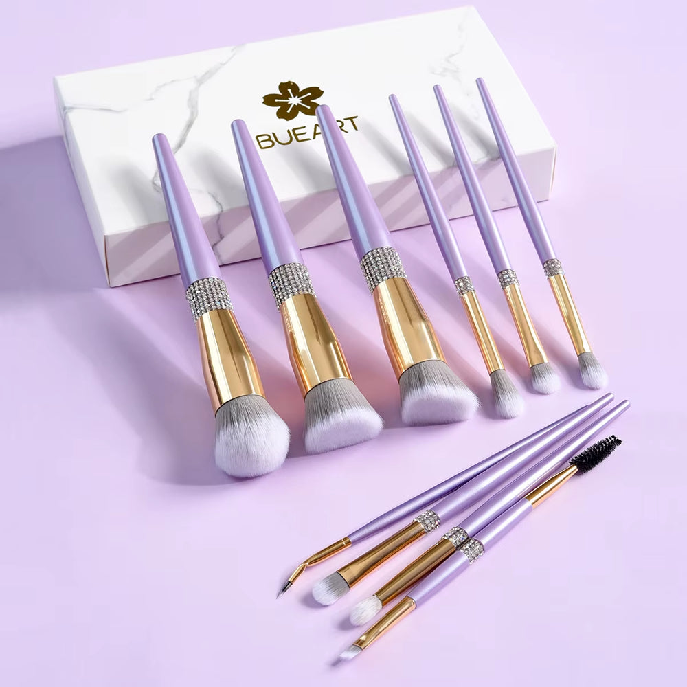 Gorgeous Professional Synthetic Hair 10 Piece Lilac Purple with Diamond Foundation Concealer Makeup Brush Set