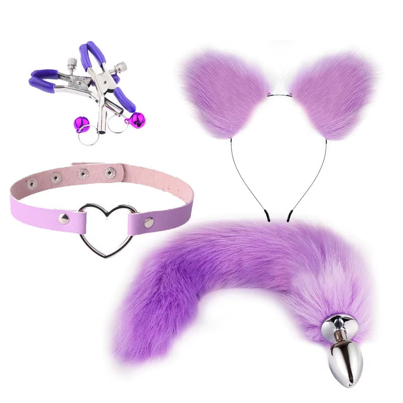 Nipple Clamp Ear Set Cosplay Kit Purple Red Furry Sexy Bdsm Sets with Anal Fox Tail Butt Plug for Women