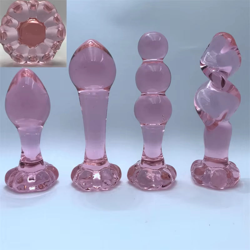 Rose Flower Bottom Pink Glass Anal Bead Plug SM Anal Massage Stick Handmade Glass Sex Toy Glass Butt Plug for Women Masturbation